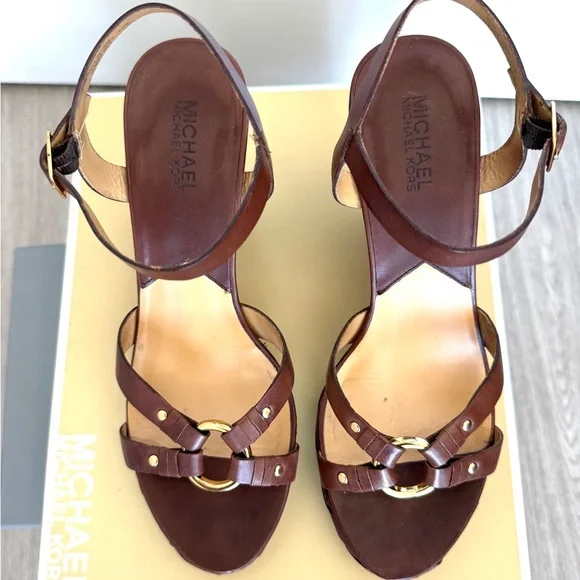 Michael Kors Brown Leather Braided Wedge Sandals for spring - Picture 4 of 5